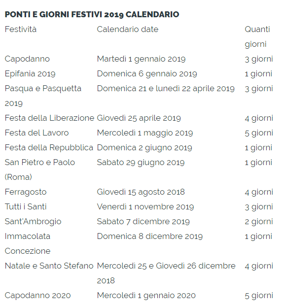 Festività e Ponti per il 2019! Festività e Ponti per il 2019!